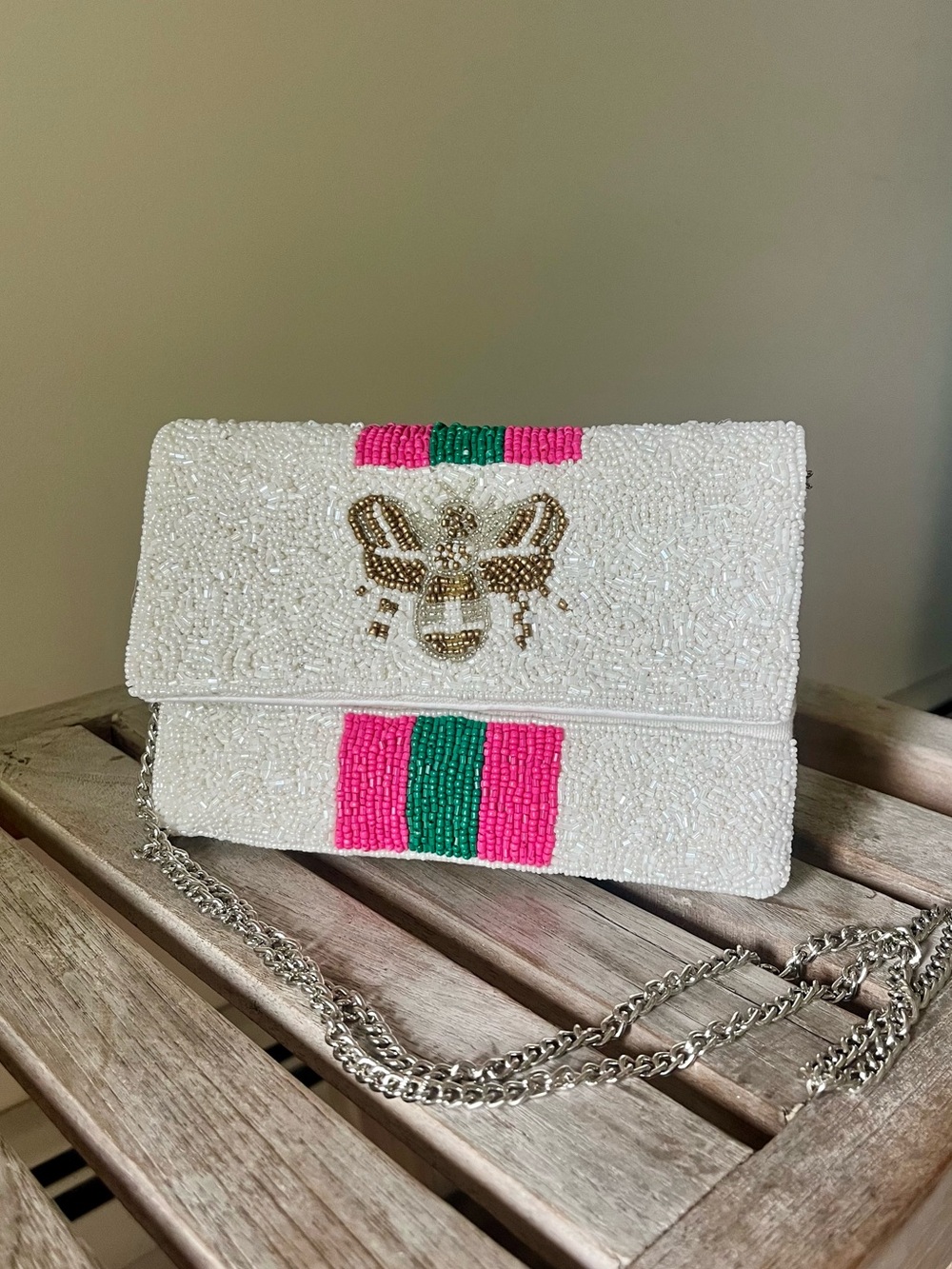 Beaded Bee Crossbody Bag White Pink Green Stripe Chain Purse